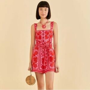 Farm Rio Red Jungle Scarf Belted Romper